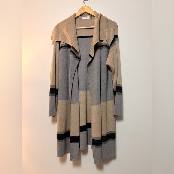 Calvin Klein Sweaters - Striped Beige and Gray Women's Sweater, Calvin Klein, Size Large